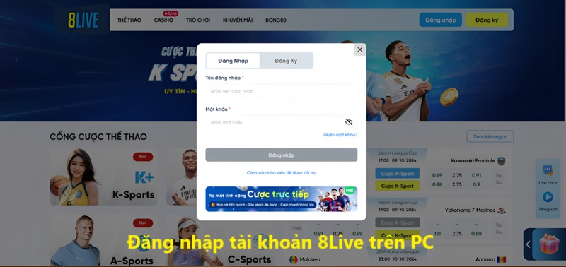 Đăng nhập tài khoản 8Live trên PC